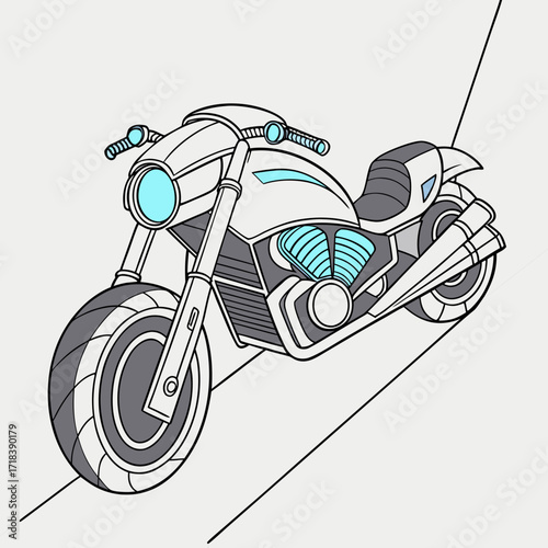 Futuristic white and gray custom motorcycle with bright blue engine and headlight details isolated on a clean light gray background with diagonal lines suggesting motion or a road