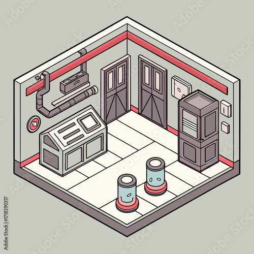 Isometric view of a futuristic laboratory room with scientific equipment control panels specimen jars and double doors rendered in a clean stylized illustration
