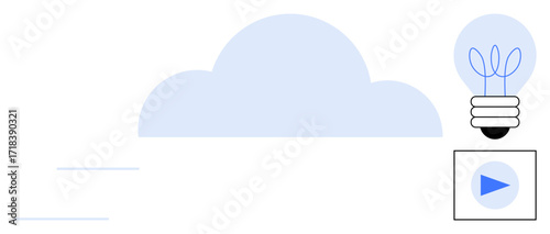 Light bulb sprouting leaves, cloud, and play button represent environmental innovation, cloud computing, growth, digital progress, sustainability, energy efficiency. Ideal for technology ecology