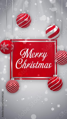 Merry Christmas Greetings Text Background Animation with Hanging Baubles and Glittering Snowflakes.