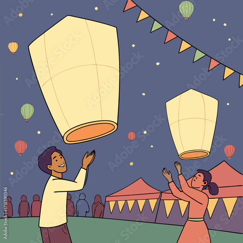 Joyful young man and woman releasing glowing sky lanterns into the starry night sky at a festive outdoor event with colorful tents and bunting decorations