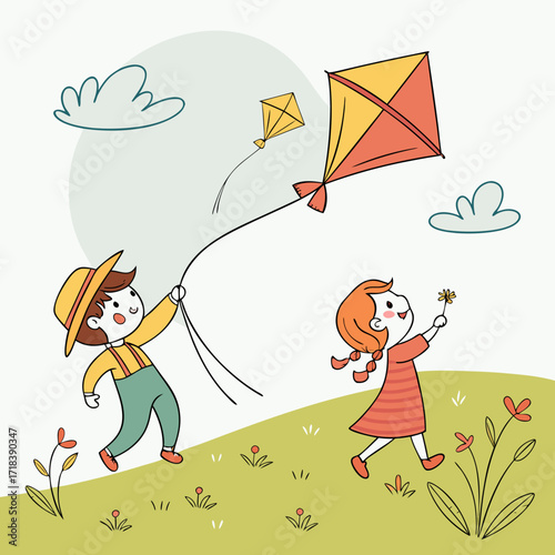 Joyful cartoon children flying a colorful kite on a sunny day in a grassy field with flowers and clouds celebrating outdoor fun and childhood innocence