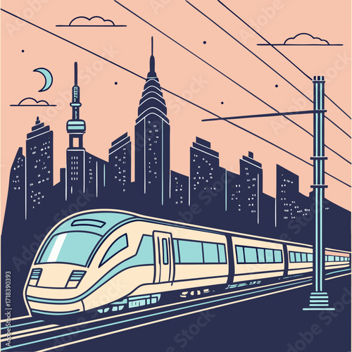 Modern high speed train approaching a stylized city skyline at dusk with a crescent moon and clouds in the peachy sky