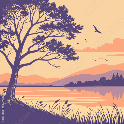 Serene landscape featuring a large silhouetted tree on a grassy hill overlooking a calm lake reflecting distant mountains and a colorful sunset sky with birds flying
