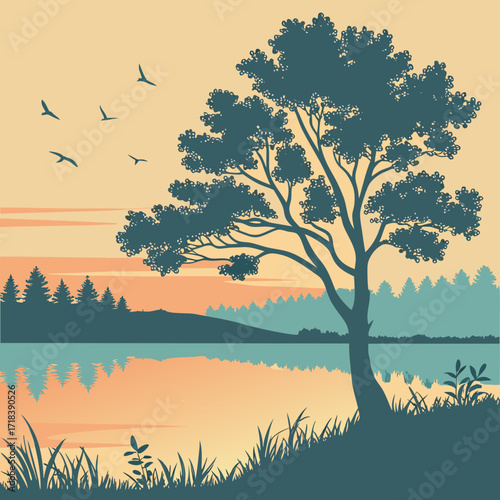 Serene silhouette of a large tree on a grassy shore overlooking a tranquil lake reflecting the warm hues of a sunset with birds flying in the sky