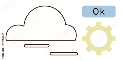 Cloud outline, gear icon, and Ok indicate connectivity, settings, and status approval. Ideal for cloud control, tech setup, automation, data processing system update IT support simple flat