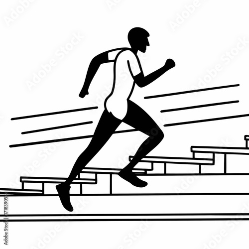 Silhouette of a determined athlete running up a set of stadium bleachers or grandstand steps with speed lines indicating motion and progress towards a goal