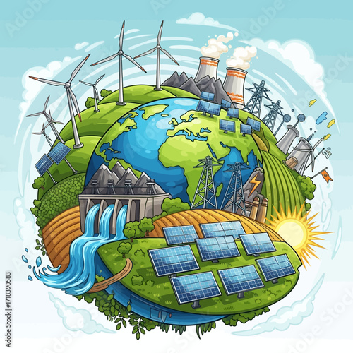 Embrace sustainable energy solutions for a healthier planet with this vibrant illustration showcasing wind turbines, solar panels, and hydroelectric power