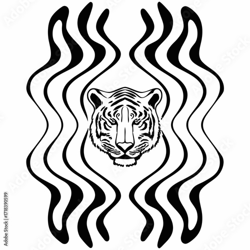 Striking black and white graphic illustration of a fierce tiger face emerging from wavy vertical stripes creating a dynamic and artistic composition with a bold tribal feel