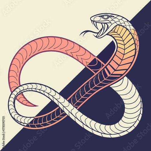 Stylized cobra coiled in an infinity symbol shape with a striking pose and a unique color palette against a split background representing duality and balance