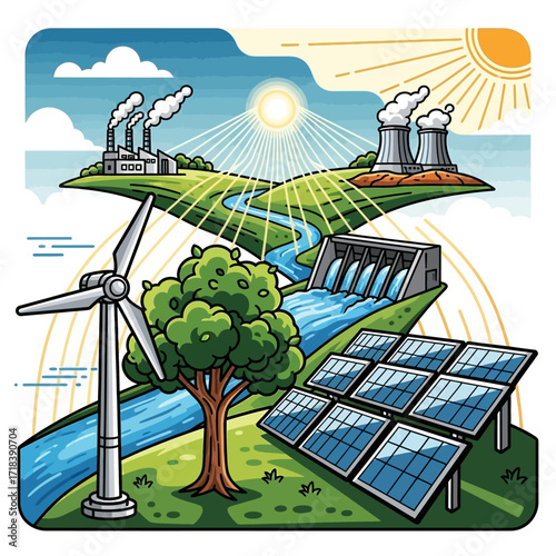 Sustainable energy landscape showcasing solar panels, wind turbine, hydroelectric dam and factory, representing a bright future for green power