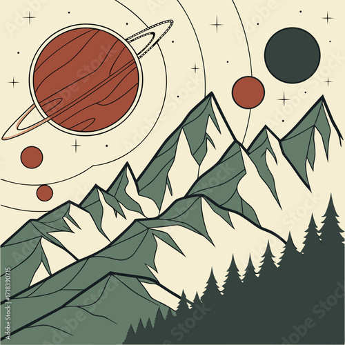 Stylized flat illustration of a cosmic landscape featuring a ringed planet and moons above a mountain range with pine trees in the foreground against a cream background