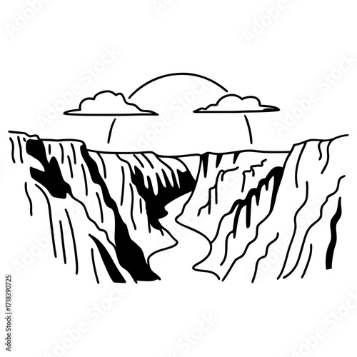 Stylized black and white line art illustration depicting a dramatic canyon landscape with a winding river below and two whimsical clouds connected by an arch in the sky above