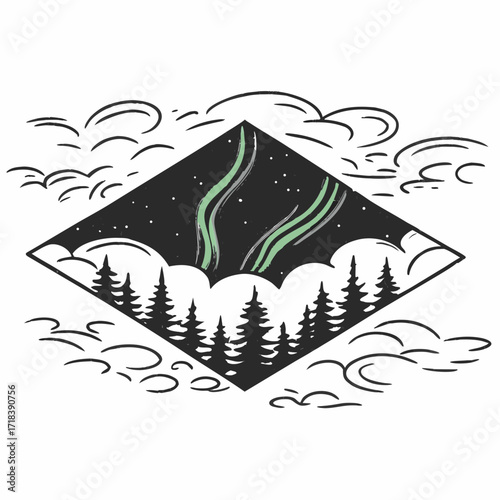 Stylized diamond shaped window revealing a starry night sky with green aurora borealis above a silhouette of pine trees and whimsical clouds surrounding the scene