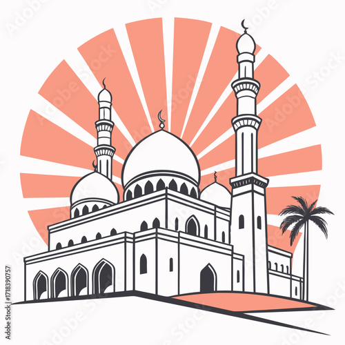 Stylized illustration of a grand mosque with multiple domes and minarets set against a radiating sunburst background in coral and white