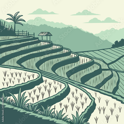 Stylized illustration of lush green rice terraces cascading down a hillside in a tropical landscape with a small hut and palm tree under a cloudy sky