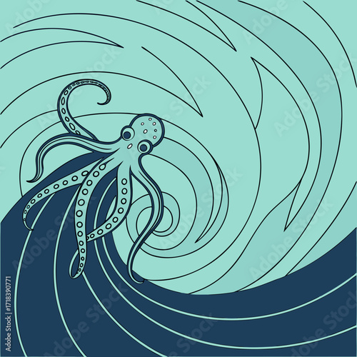 Stylized illustration of a turquoise octopus with eight tentacles and circular suckers gracefully emerging from a dark blue wave against a background of swirling turquoise ocean currents