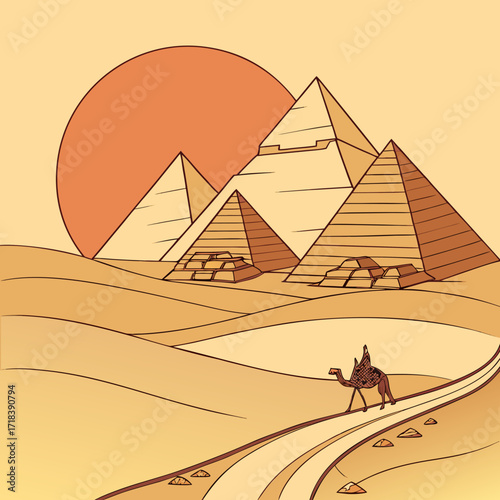 Stylized illustration of the egyptian pyramids under a large orange sun with a camel caravan traveling on a sandy path through the desert landscape