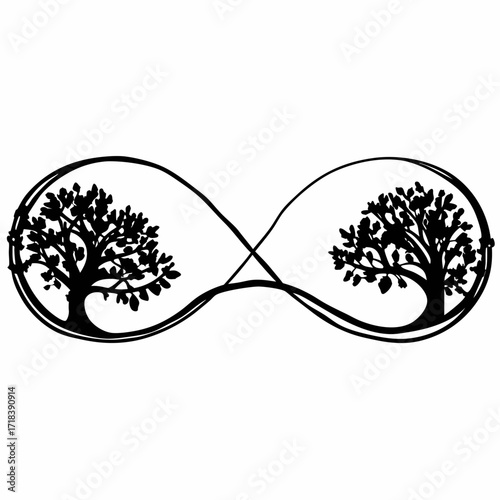 Symbolic representation of eternal life and nature s cyclical renewal featuring two silhouetted trees within an infinity loop design against a white background