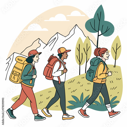 Three diverse friends with backpacks hiking through a scenic mountain landscape with trees and clouds enjoying an outdoor adventure together on a sunny day