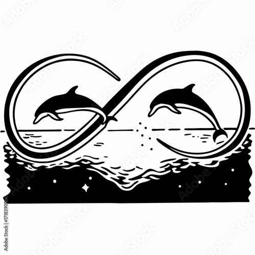 Two playful dolphins gracefully leap through the loops of an infinity symbol symbolizing eternal connection and the boundless spirit of the ocean set against a stylized seascape