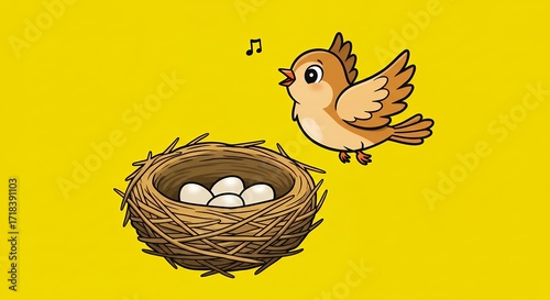 Bird singing over nest