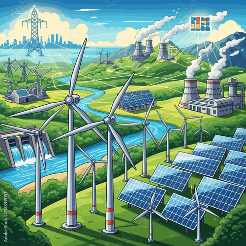 Sustainable energy landscape featuring wind turbines, solar panels, hydroelectric dam, and nuclear power plants for a balanced approach to energy production