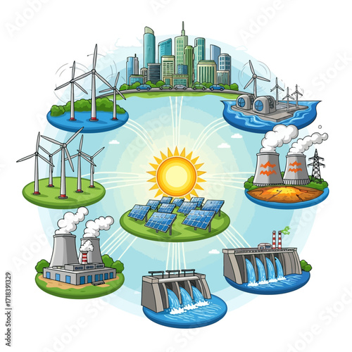 Sustainable energy concept featuring wind turbines, solar panels, hydroelectric dams and nuclear power in a bright, connected world illustration