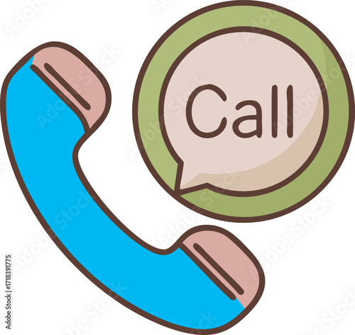 Cyan phone handset and speech bubble with call text icon communication symbol