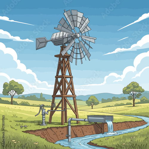 Charming illustration of a classic windmill pumping fresh water into a stream on a sunny day, perfect for sustainable energy or rural lifestyle concepts