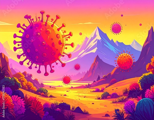 Vibrant landscape with floating virus particles