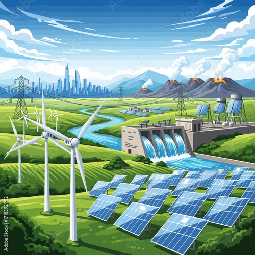 Sustainable future with wind turbines, solar panels, and a hydroelectric dam powering a modern city, showing clean energy solutions for a greener tomorrow
