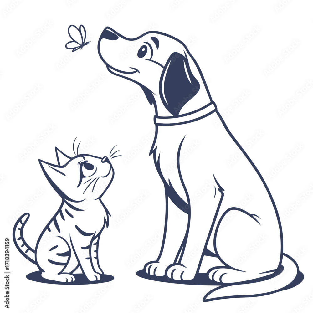 Obraz premium Illustration of a dog and cat looking at a butterfly the dog is sitting and looking up at the butterfly, while the cat is sitting and looking up at the butterfly