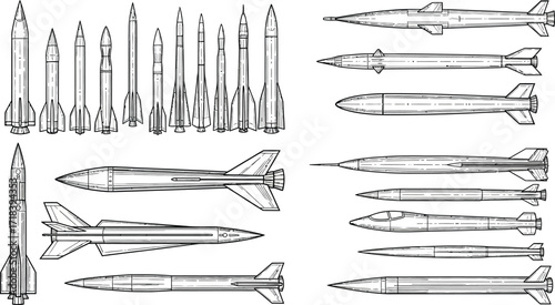 Collection of detailed line drawings showcasing various missile and rocket designs in a technical illustration style
