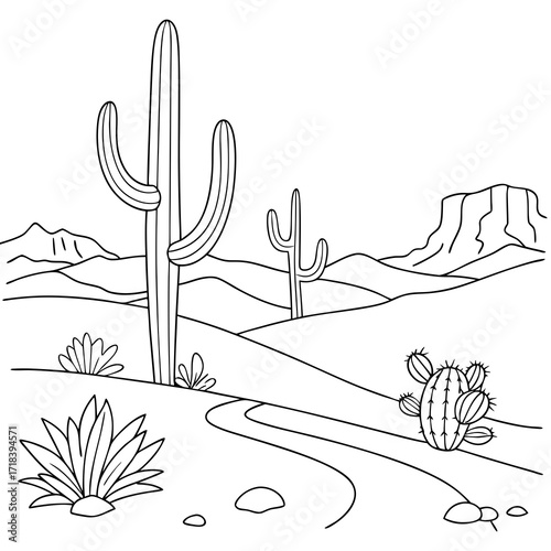 Vector art of a black and white line drawing of a desert landscape with cacti, mountains, and a winding path, perfect for coloring books or educational materials