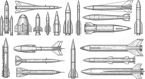 Illustration of various rocket and missile designs in a vintage sketch style showing different shapes and sizes