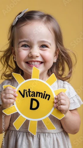 Happy little girl holding a sun-shaped poster with the inscription vitamin D
