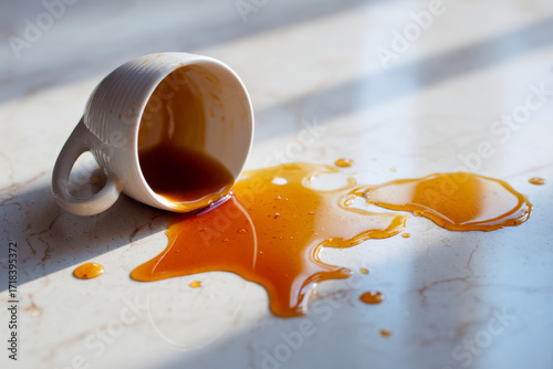 White ceramic cup lying on its side with freshly spilled dark coffee forming irregular shapes on a marble countertop illuminated by natural sunlight shadows