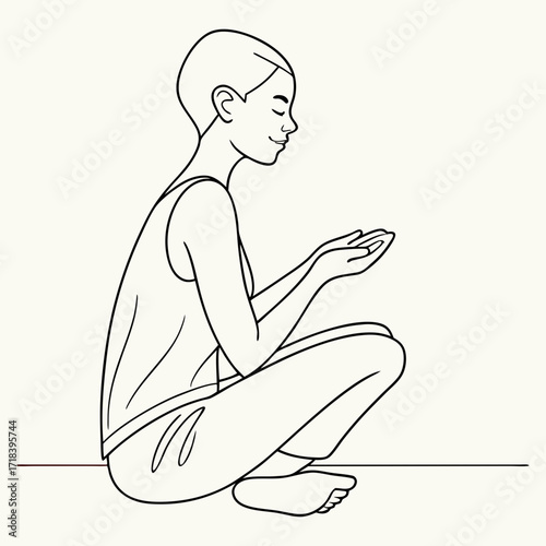 Illustration of a young person in a meditative pose, squatting with hands open, , conveying peace and mindfulness in a simple, clean line drawing