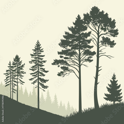 Vector art of a picturesque silhouette of a pine forest on a gentle hill, showcasing tall, elegant trees against a soft backdrop, ideal for creating a tranquil and natural ambiance in designs