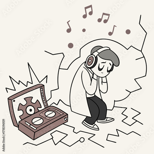 Vector art of a despondent man, wearing headphones, listening to music next to a broken cassette player, surrounded by music notes and a shattered wall, symbolizing emotional breakdown and isolation