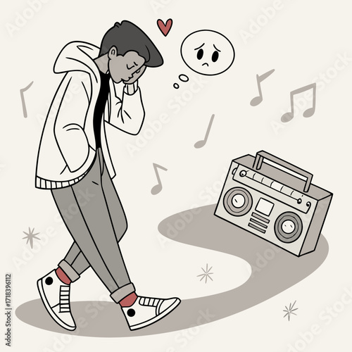 Vector art of a melancholic young man, walking with his head down, a boombox nearby, surrounded by music notes and a sad thought bubble, conveying feelings of loneliness and heartbreak