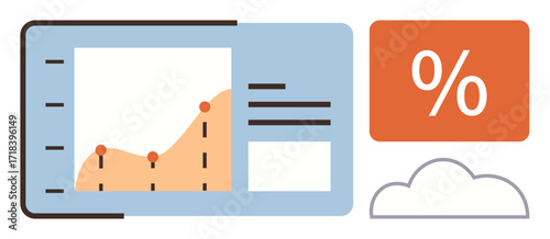 Analytical dashboard with line graph, data points, text details, percentage icon, and cloud graphic. Ideal for analytics, statistics, reporting finance research business trend tracking. Simple