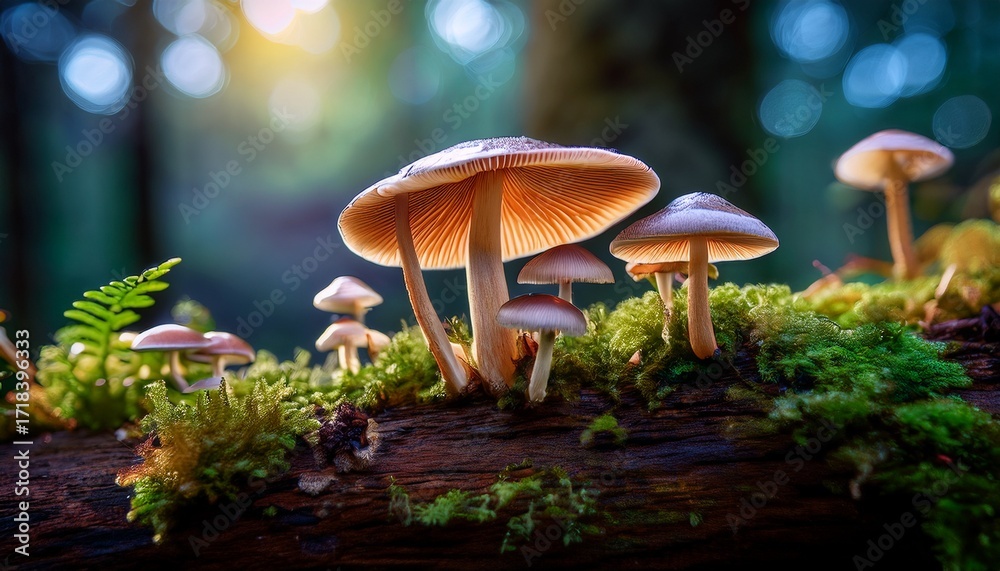 Fototapeta premium Mushrooms Growing On Log Surrounded By Vibrant Moss And Greenery Create Whimsical And Enchanting Forest Scene Colorful Caps Add Magical Touch To Natural Setting