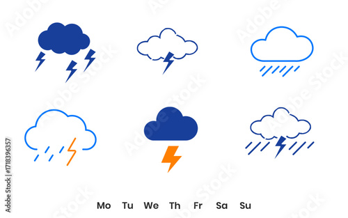 Vector art of weekly weather forecast with thunderstorm icons weather forecast icons for each day of the week thunderstorm forecast for the week from monday to sunday