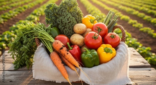 Freshly harvested vegetables in a basket on a sunny farm table scene