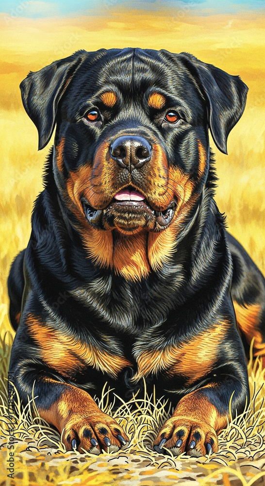 Fototapeta premium Rottweiler resting in golden grass under a clear sky during sunset in a serene outdoor setting