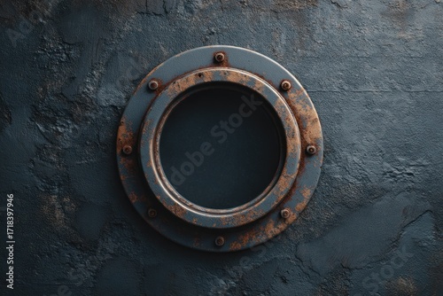 Rusty Porthole on Dark Wall: Industrial, Nautical, Vintage