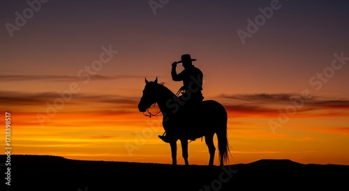 Silhouette of cowboy on horse at sunset