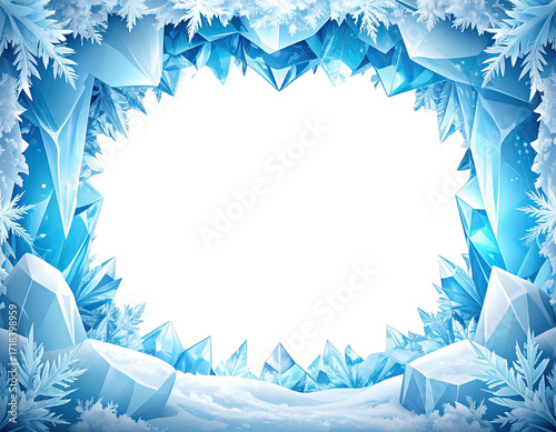 Ice cave frame with a large, dark center opening.  Crystalline, sharp-edged ice forms a border around a black space, suggesting a winter wonderland or frosty landscape